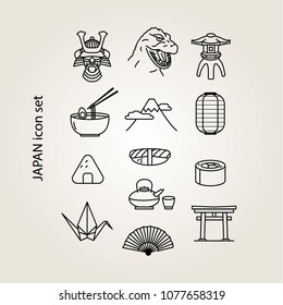 Japan line art icon set including a torii gate, sushi, ramen, origami, Mt. Fuji, a samurai mask, and more.