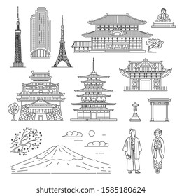 Japan line art set - Oriental architecture, people in national clothes and Fuji mountain in black and white coloring book style. Isolated flat vector illustration