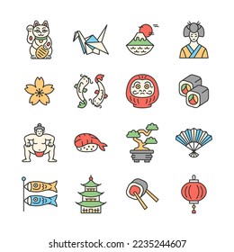 Conjunto de iconos de color de línea de Japón. Signo vectorial tradicional japonés con sakura, origami, gato neko maneki, daruma, pez koi, sushi, pagoda, luchador de sumo, geisha. 