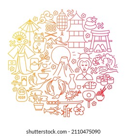 Japan Line Icon Circle Design. Vector Illustration of Outline Poster.