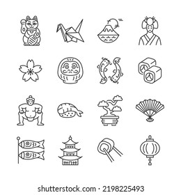 Japan line icon set. Japanese traditional vector sign with sakura, origami, maneki neko cat, daruma, koi fish, sushi, pagoda, sumo wrestler, geisha. Editable stroke.