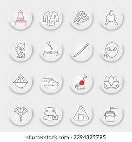 Japan line icon set, japanese food symbols collection, vector sketches, neumorphic UI UX buttons, asian culture signs linear pictograms package isolated on white background, eps 10.