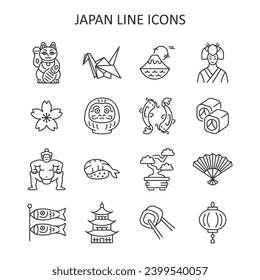 Conjunto de iconos de línea de Japón. Signo vectorial tradicional japonés con sakura, origami, gato neko maneki, daruma, pez koi, sushi, pagoda, luchador de sumo, geisha.