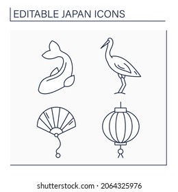 Japan line icons set. Japanese traditions. Carp, hand fun, crane bird, lantern. Culture concept. Isolated vector illustrations.Editable stroke