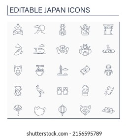 Japan line icons set. Japanese traditions. Traditional mask, food. Special country features. Culture concept. Isolated vector illustrations.Editable stroke