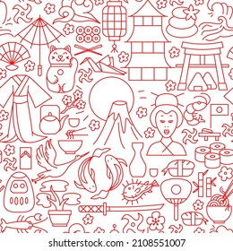 Japan Line Seamless Pattern. Vector Illustration of Outline Background.