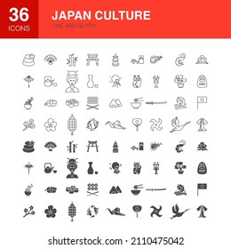 Japan Line Web Glyph Icons. Vector Illustration of Oriental Outline and Flat Symbols. 