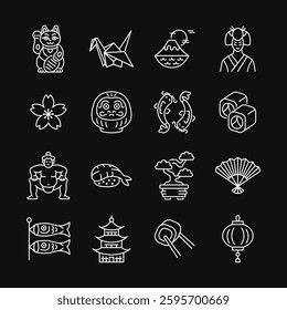 Japan line white icon set on black background. Japanese traditional vector sign with sakura, origami, maneki neko cat, daruma, koi fish, sushi, pagoda, sumo wrestler, geisha. Editable stroke.