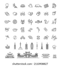 Japan linear icons set. Japanese travel symbols, historical landmarks
