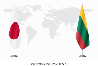 Japan and Lithuania flags for official meeting against background of world map.