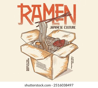  Comida local de Japón. Fideos japoneses diseño de impresión gráfica vintage para camiseta, ropa, carteles, fondo y otros. Obra de arte de ramen de Japón. Delicioso diseño de póster vintage ramen.