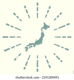 Japan Logo. Grunge sunburst poster with map of the country. Shape of Japan filled with hex digits with sunburst rays around. Vibrant vector illustration.