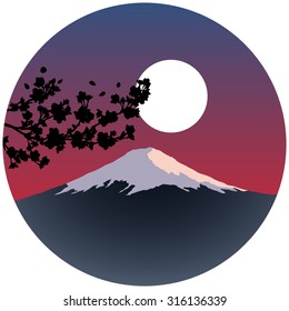 Japan logo, mountain, sakura, Cherry blossom, sunrise over the mountain, sunset in Japan, south