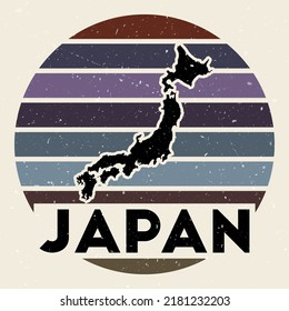 Japan Logo. Unterschreiben Sie mit der Landkarte und farbigen Streifen, Vektorgrafik. Kann als Insignien, Logotyp, Etikett, Aufkleber oder Abzeichen des Japan verwendet werden.