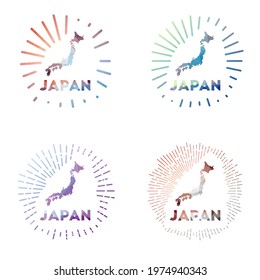 Japan low poly sunburst set. Logo of country in geometric polygonal style. Vector illustration.