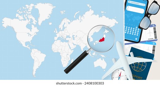 Japan is magnified over a World Map, illustration with airplane, passport, boarding pass, compass and eyeglasses. Vector illustration.