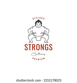 japan man sumo wrestler fat strong lines art hipster vintage logo design vector icon illustration template
