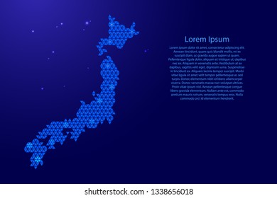 Japan map abstract schematic from blue triangles repeating pattern geometric background with nodes and space stars for banner, poster, greeting card. Vector illustration.
