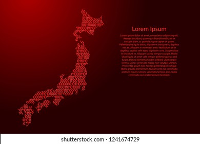 Japan map abstract schematic from red ones and zeros binary digital code for banner, poster, greeting card. Vector illustration.