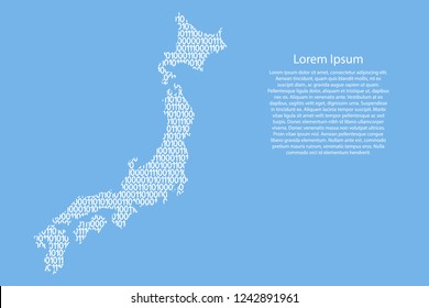 Japan map abstract schematic from white ones and zeros binary digital code on light blue background for banner, poster, greeting card. Vector illustration.