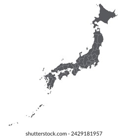 Japan map. Map of Japan in administrative provinces in grey color