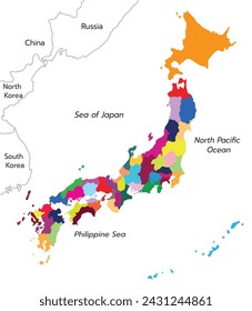 Japan map. Map of Japan in administrative provinces in multicolor