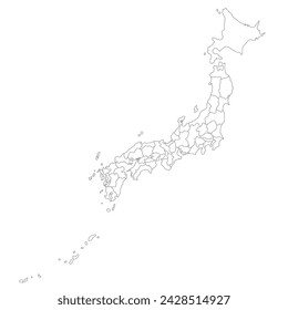 Japan map. Map of Japan in administrative provinces in white color