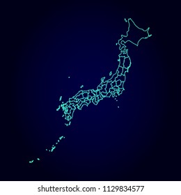 Japan map: blue glitter outline with sparkling stars on dark background. Detailed map of Japan. Vector illustration.