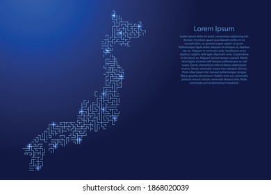 Japan map from blue pattern of the maze grid and glowing space stars grid. Vector illustration.