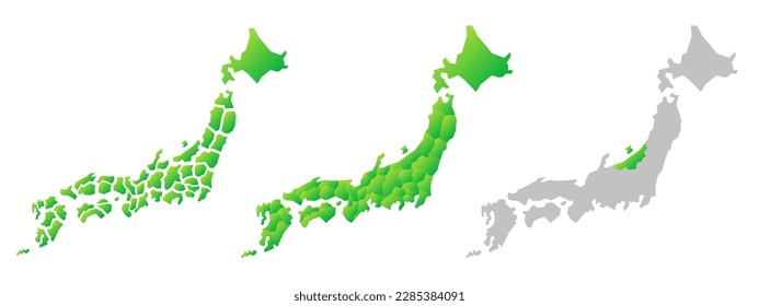 Japan map by prefecture, green Japanese archipelago, vector illustration material