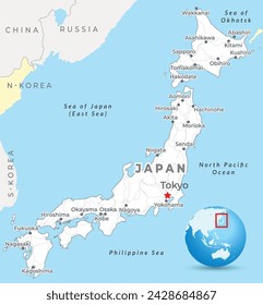 Japan Karte mit der Hauptstadt Tokio, den wichtigsten Städten und nationalen Grenzen 