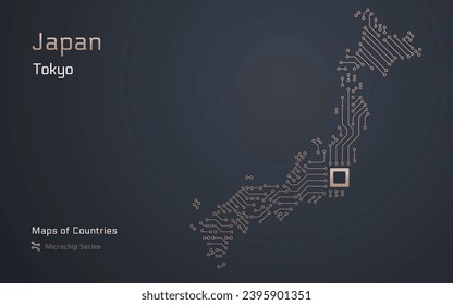 Japan Map with a capital of Tokyo Shown in a Microchip Pattern. E-government. TSMC. World Countries vector maps. Microchip Series