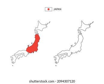 Japan map city vector divided by outline simplicity style. Have 2 versions, black thin line version and color of country flag version. Both map were on the white background.