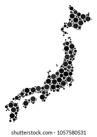 Japan Map collage of dots in various sizes and color tinges. Filled circles are composed into japan map vector mosaic. Vector illustration.