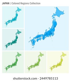 Japan map collection. Country shape with colored regions. Light blue, cyan, teal, green, light green, lime color palettes. Border of Japan with provinces for your infographic. Vector illustration.