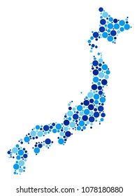 Japan Map composition of small circles in various sizes and blue color tints. Random round blots are united into Japan Map collage. Vector cartography blue map design concept.
