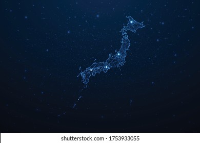 Japan Map Connection. Abstract Digital Technology 3D Mesh Polygonal Network Line, Design Sphere, Dot and Structure on Dark Background. Vector Illustration EPS10.