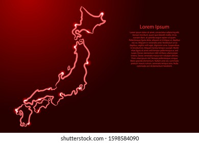 Japan map from the contour red brush lines different thickness and glowing stars on dark background. Vector illustration.