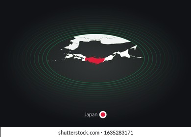 Japan map in dark color, oval map with neighboring countries. Vector map and flag of Japan