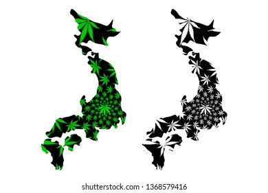 Japan - map is designed cannabis leaf green and black, Japan (Honshu, Hokkaido, Kyushu and Shikoku)map made of marijuana (marihuana,THC) foliage,