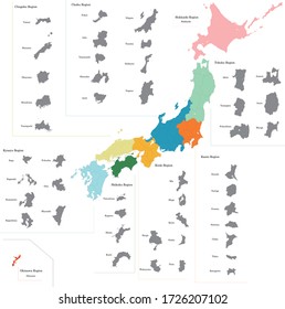 Japan map with different colors for each prefecture.