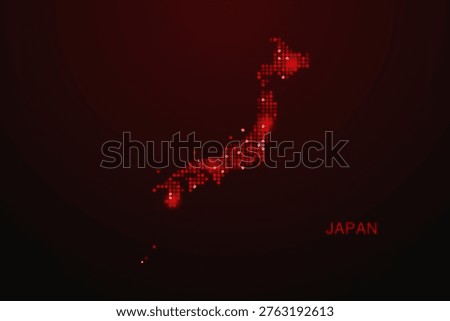 Japan Map - Digital dotted map with glowing red points on dark background, modern technology style, abstract data network design, clean minimal vector illustration.