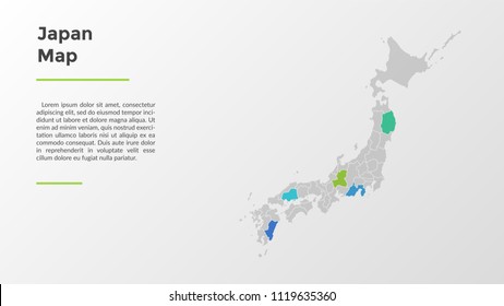 Japan map divided into provinces or regions with modern borders. Geographic location indication. Infographic design template. Vector illustration for presentation, brochure, touristic website.