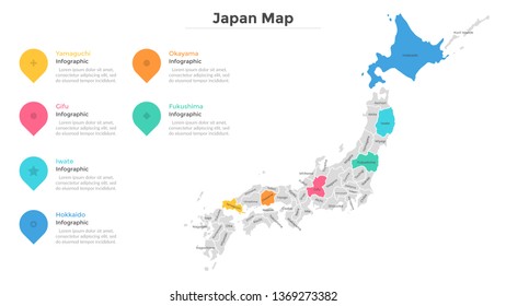 Japan map divided into provinces or regions with modern borders. Geographic location indication. Infographic design template. Vector illustration for presentation, brochure, touristic website.