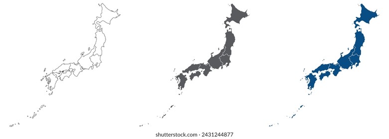 Japan map. Map of Japan in eight main regions in set