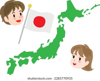 Japan map, flag and children on a white background. Vector illustration.