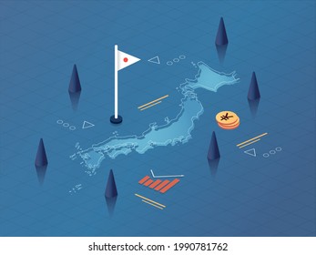 Japan Map, Flag And Currency Modern Isometric Business And Economy Vector Illustration Design