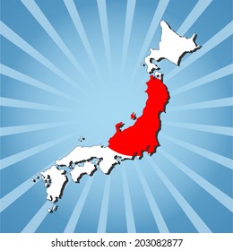 Japan map flag on blue sunburst vector illustration