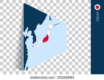 Japan map and flag on transparent background. Highlighted Japan on blue vector map.