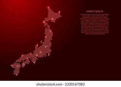 Japan map from futuristic concentric red circles and glowing stars for banner, poster, greeting card